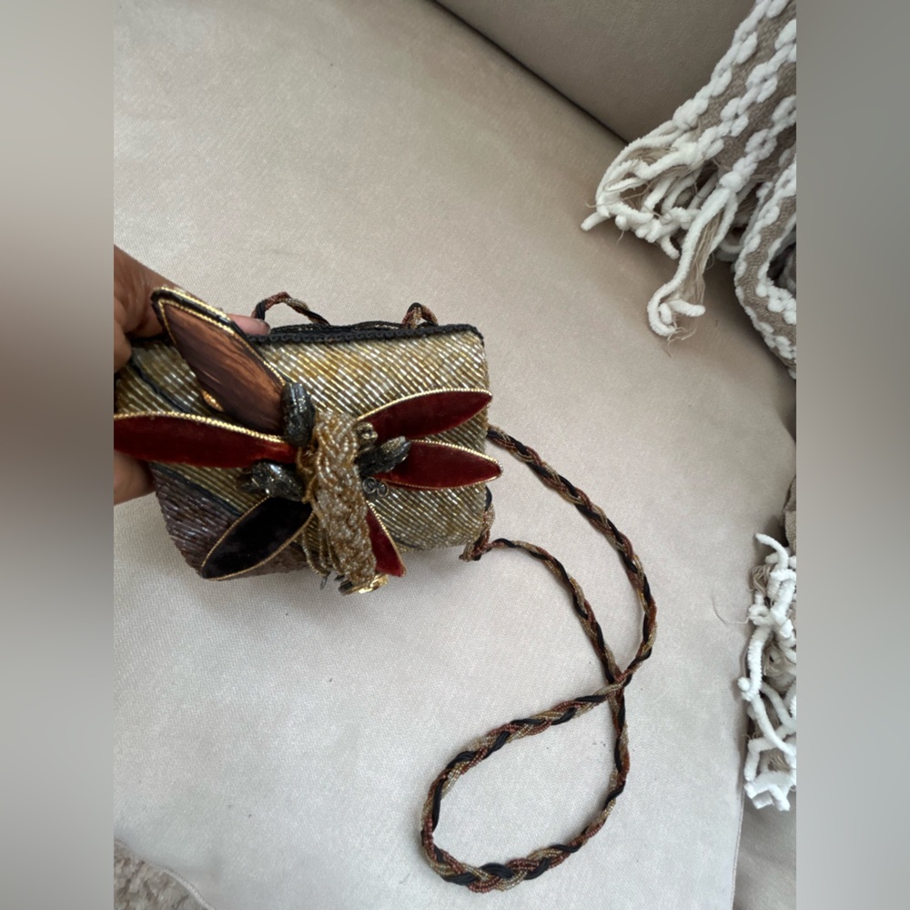 Mary Frances Elegant Gold Burgundy Beaded Velvet Trim Dragonfly Crossbody Purse - Picture 3 of 12